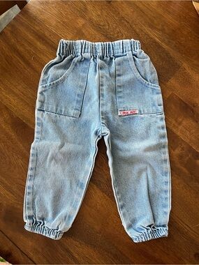 Vintage Toddler Baby Light Blue Elastic-Waist Denim Jogger Pants